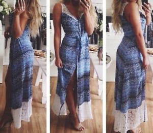 TIGERLILY Sacha Lace Maxi Dress Size 12 Blue with White Summer Boho RRP $199