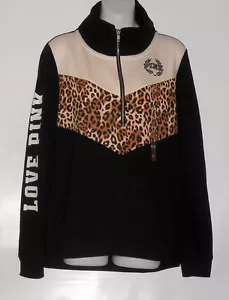 Victoria's Secret Pink High-Low Half Zip Leopard Trim Sweatshirt Pure Black XS - Picture 1 of 3