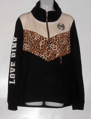 Victoria's Secret Rosa Alta-Bajo Media Cremallera Borde Leopardo Sudadera Negro Puro XS  Foto 1 de 3