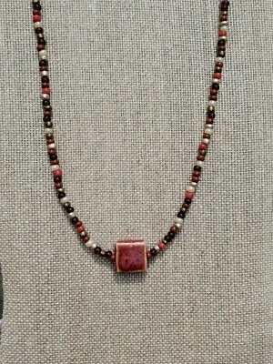 Boho Choker Beaded Necklace Red Nuetrals Square Stone Pendant - Image 1 of 4