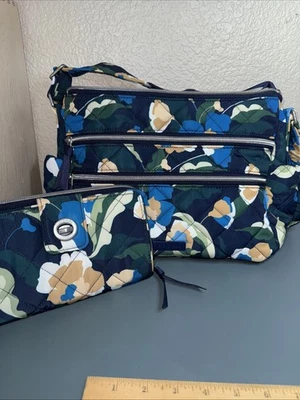 Vera Bradley Triple Zip Immersed Blooms Navy Shoulder  Bag And Matching Wallet - Image 1 of 4