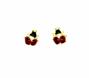 Boucles D'Oreilles Enfant Or Jaune 18KT 750 Petites Coccinelles Émaillés Rouges - Picture 1 of 5