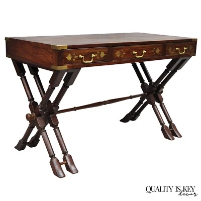 Vintage Anglo Indian Campaign Style Hardwood Curule Writing Desk w/ Brass Inlay - Image 1 of 4