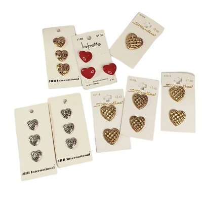 Buttons Vintage Heart Lot Of 8 Cards Red Silver Gold La Petite Streamline JHB  - Image 1 of 4