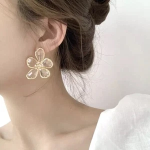 Womens Clear Gold Glass Stone Faux Diamond Flower Earrings - Picture 1 of 5