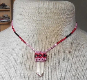 Quartz Crystal Point Beaded Necklace in Rose Pink Red Black Pagan Wiccan Healing - Picture 1 of 6