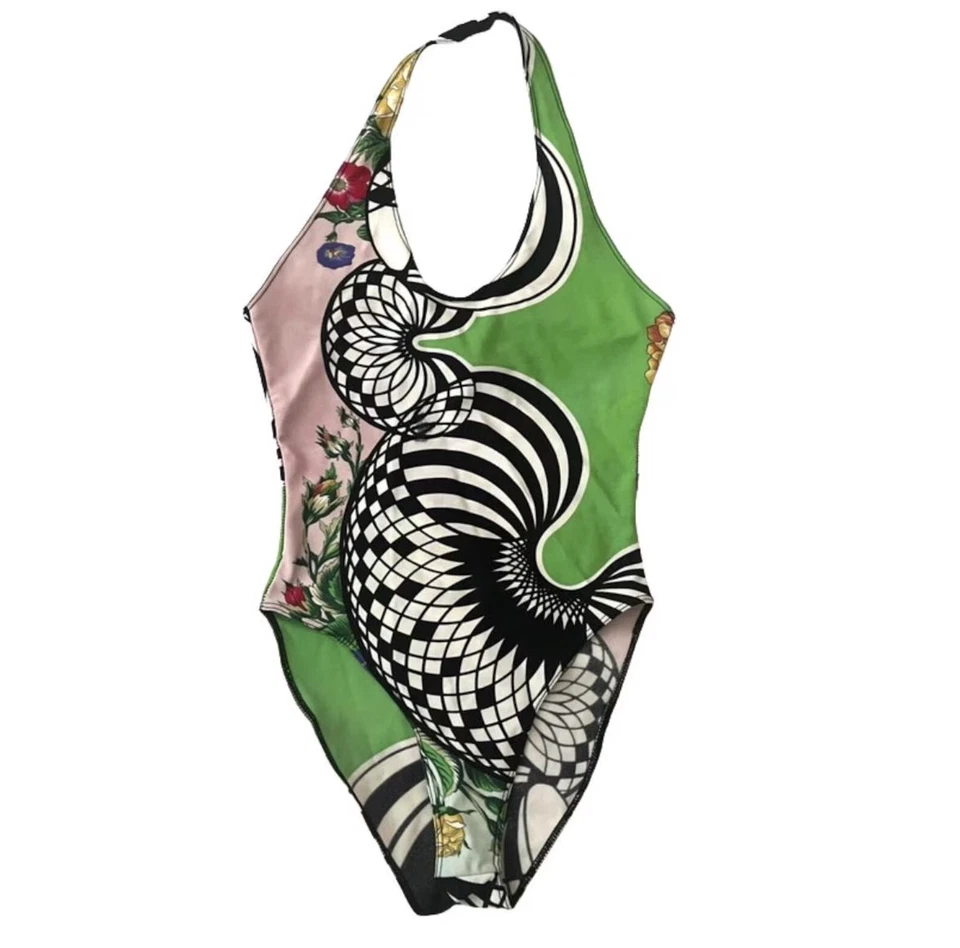 Gianni Versace Versus vintage 1990s iconic green op art print halter swimsuit 38 - Image 1 of 4