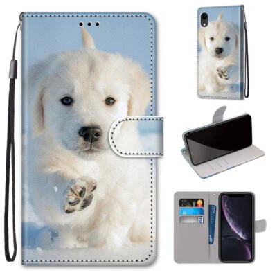 For Various Phone Flip Cute Painted Dog Wallet Card Bag Holder Stand Case Cover - Image 1 of 4