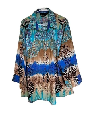 Ninety Clothing Co Button up Floral  Blouse Top Sz 3X Multicolor Long Sleeve - Image 1 of 3