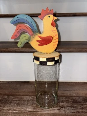 Vintage Clear Glass Canister Jar with  Painted Metal Rooster Lid Farmhouse Décor - Image 1 of 4