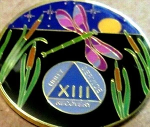 Black Gold Blue DragonFly Alcoholics Anonymous AA 13 year Medallion Token Coin - Picture 1 of 10