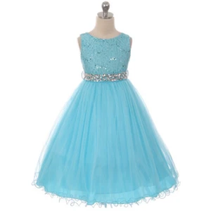 TURQUESA Talla 4 Lentejuelas Flor Niña Encaje Vestido Cumpleaños Dama de honor Recital Fiesta - Imagen 1 de 5