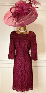 Hobbs UK 14 Rich Magenta Lace Overlay 3/4 Sleeve Sheath Occasion Pencil Dress - Picture 1 of 22