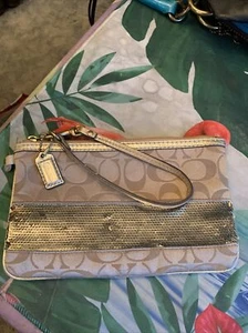 Coach Women’s Signature Sequin Leather Gold Metallic Wristlet Wallet - Picture 1 of 7