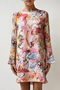 BOUTIQUE MOSCHINO Pink Floral Print Silk Georgette Dress Long Sleeve Sz I42/AU10 - Picture 1 of 9