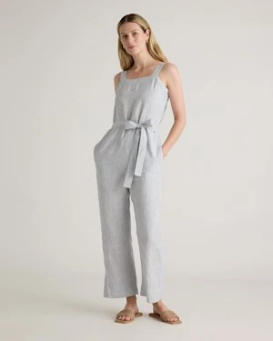 Macacão feminino marmelo 100% linho europeu gola quadrada listra azul manga M - Imagem 1 de 3