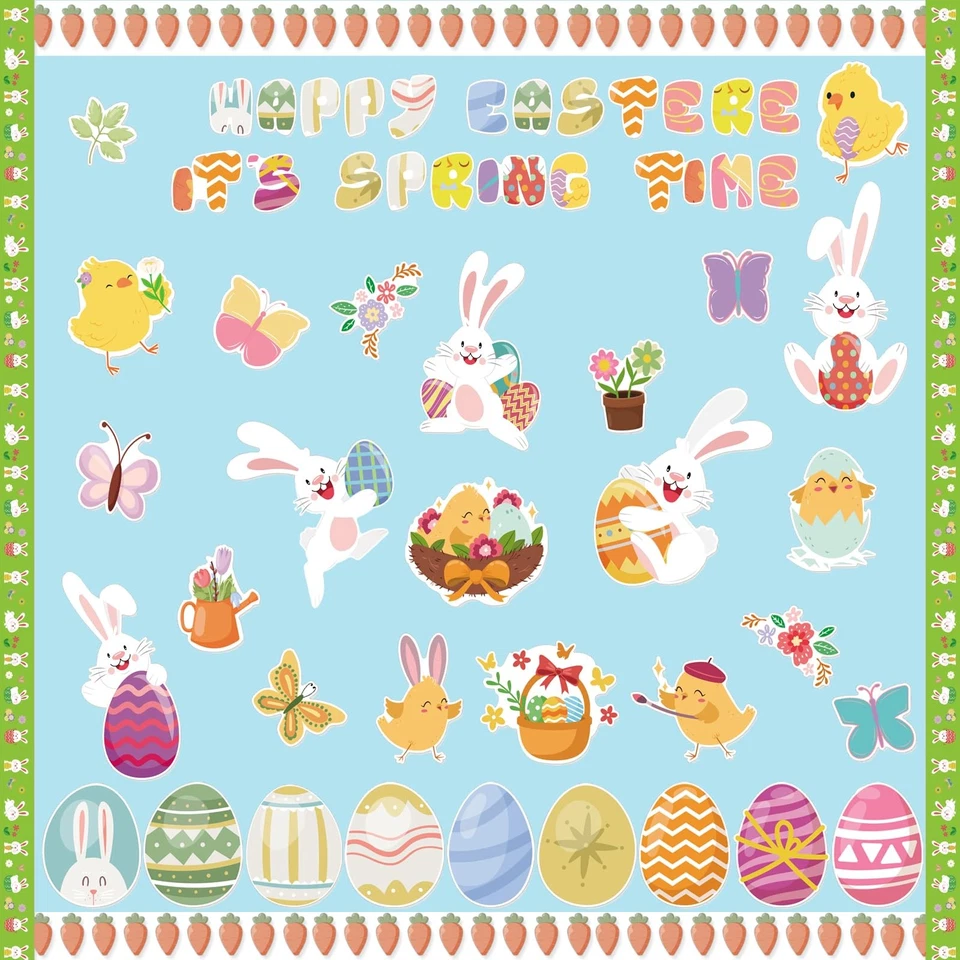 Happy Easter Bulletin Board Set, Easter Spring Time Bulletin Board Classroom ... - Image 1 of 4