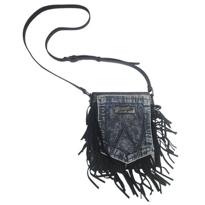 Cartera Bandolera Wrangler Cuero Negro y Denim Jean Bolsillo Flecos Foto 1 de 4