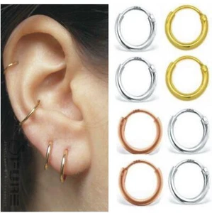 PAIR Genuine 925 Sterling Silver Tiny Hoop Ear Piercing Nose Lips Earrings - Picture 1 of 6