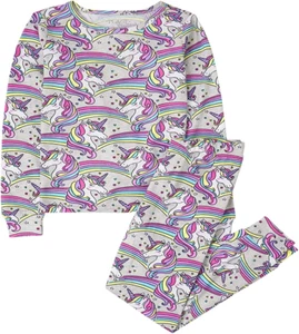 Girls Long Sleeve Unicorn Rainbow Print Snug Fit Cotton Pajamas - Picture 1 of 12