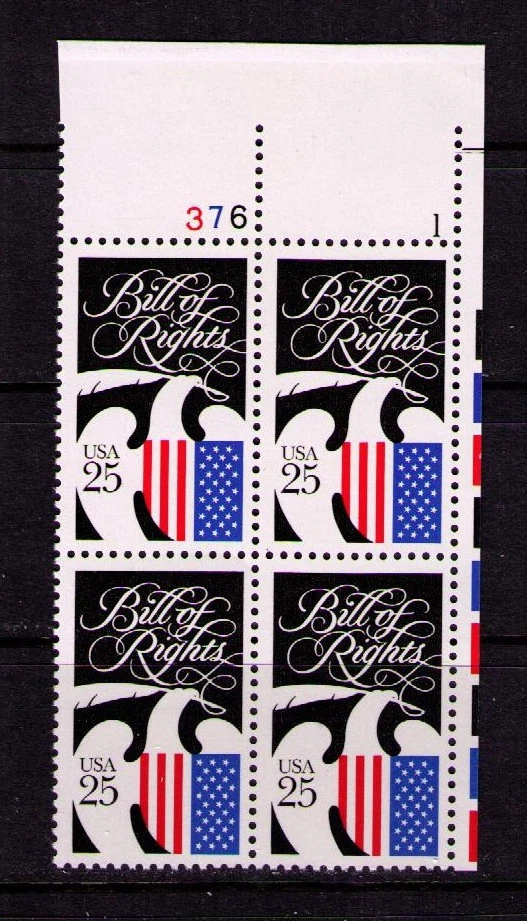 US USA Sc# 2421 MNH FVF PLATE # BLOCK Bill of Rights Constitution Eagle Flag - Image 1 of 1