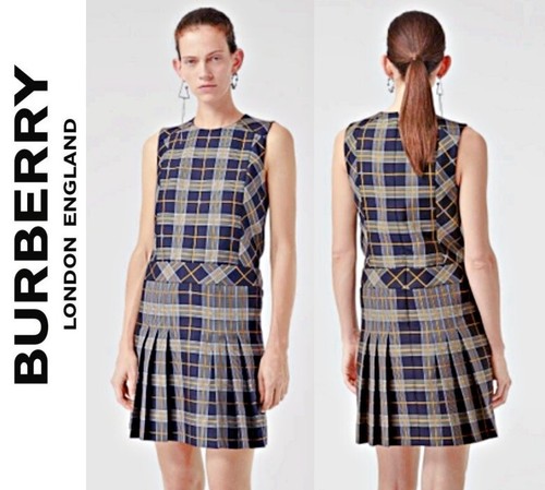 Mini abito Burberry Alana ricamato equestre logo cavaliere blu navy check US $1250