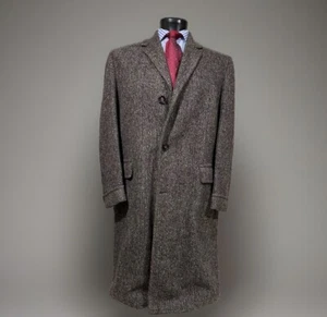 Harris Tweed Wool Herringbone Brown Overcoat Men’s 44 R - Picture 1 of 7