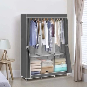 Large Triple Fabric Canvas Wardrobe Clothes Cupboard Hanging Rail Storage Closet - Picture 1 of 8