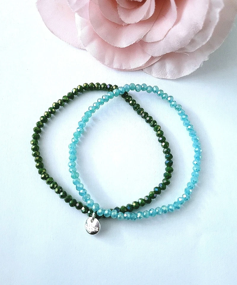 Biba 2er Kristall Armband Grün Türkis Silber dehnbar 18 cm  Neu/ B007 - Bild 1 von 2