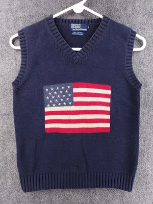 Colete Polo Ralph Lauren todo algodão bandeira suéter azul médio (pequeno) malha gola V - Imagem 1 de 4