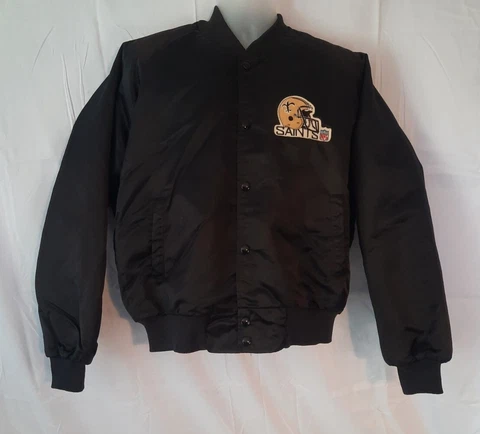 Vintage NFL CHALK LINE BLACK SATIN Bomber Jacket NEW ORLEANS SAINTS Size Large Cover