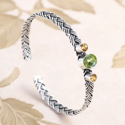 Green Peridot Cut,Citrine Topaz Gemstone Cuff 925 Sterling Silver New Art Bangle - Image 1 of 4