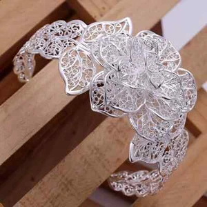 925 Sterling Silver Big Flower Open Cuff Bracelet Elegant Unique Bangle - Picture 1 of 20