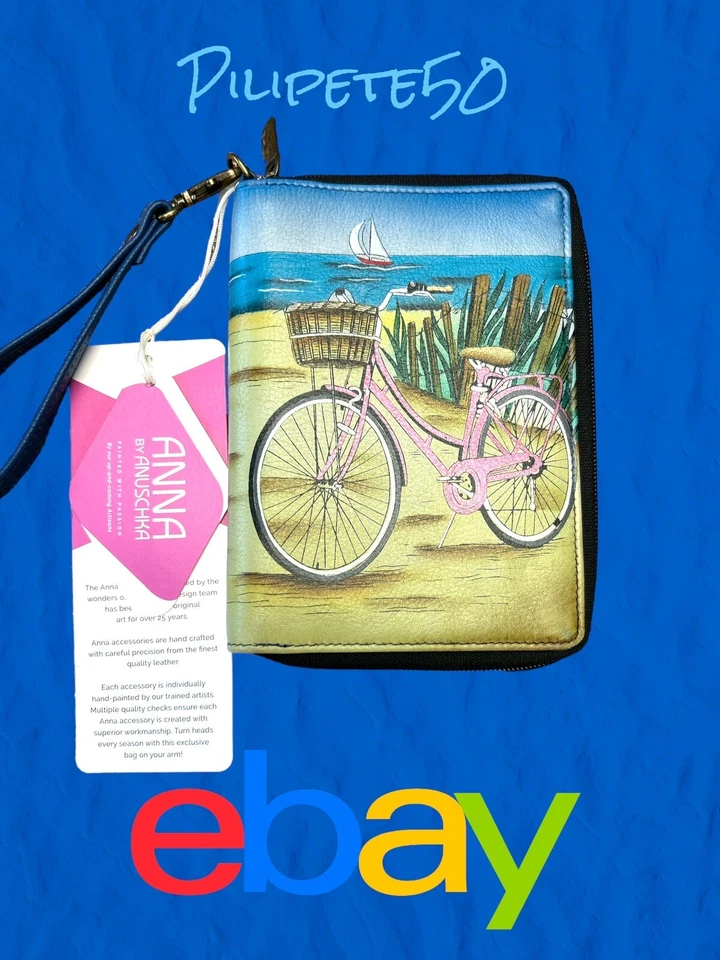 ANNA ANUSCHKA ~ DÍA DE LA PLAYA CUERO PINTADO A MANO ~ CARTERA DE PULSERA ~ Hecho a mano ~ RARO Foto 1 de 4