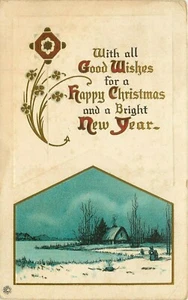 Happy Christmas Bright New Year Good Wishes house on lake winter scene Postcard - Picture 1 of 2