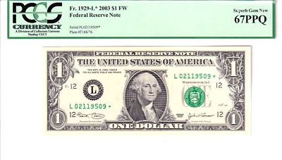 2003 $1 FW FRN San Francisco **STAR** PCGS Superb Gem New 67PPQ #L02119509* - Image 1 of 2