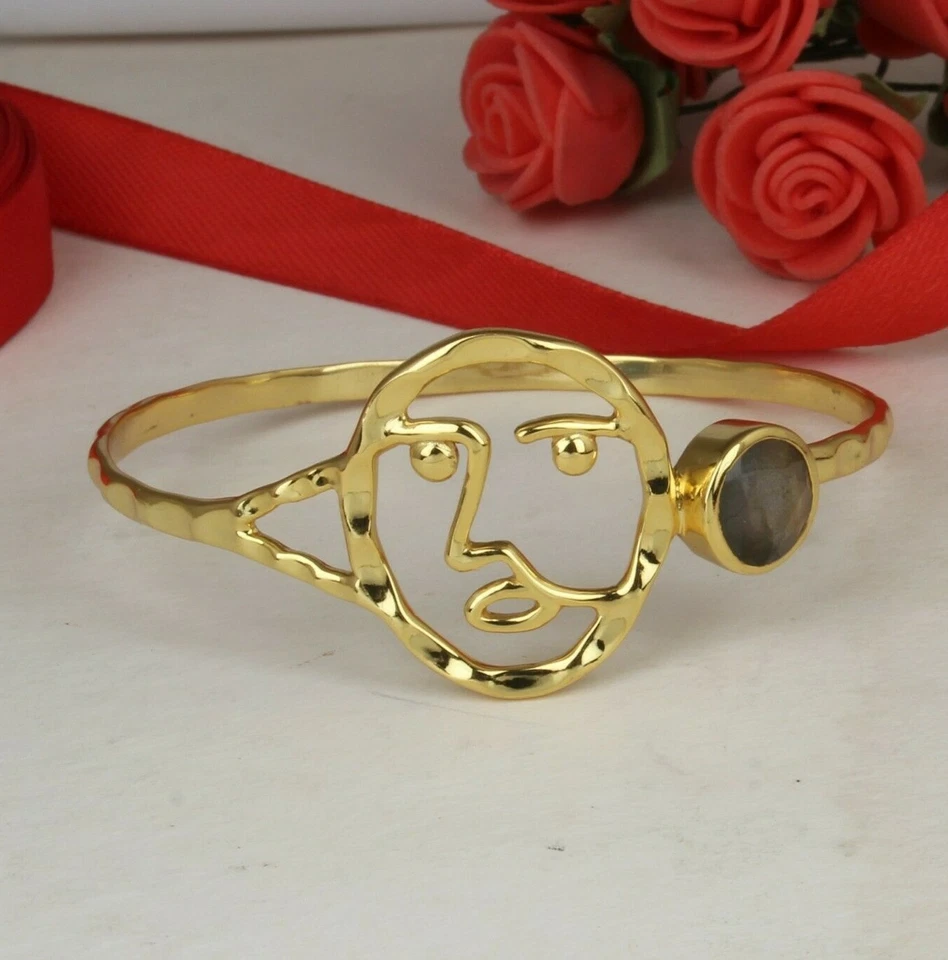 Hammered Face Design Gold Plated 925 Silver Labradorite Gemstone Cuff bangle - Image 1 of 4