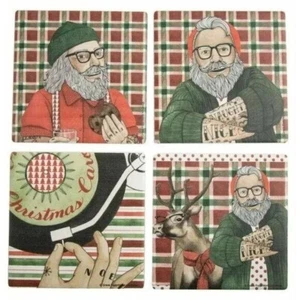Christmas Coasters Thirstystone Hipster Tattooed Santa Set of 4 Stone and Cork - Picture 1 of 10