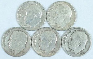 Roosevelt Silver Dimes 5 Different Dates - Picture 1 of 3
