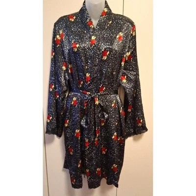 MORGAN TAYLOR INTIMATES Black Red Rose Satin lace trim & attached belt robe XL - Image 1 of 4