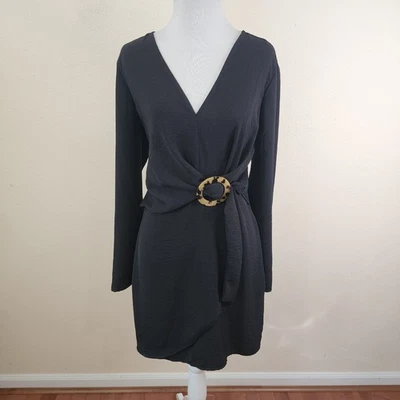 TOPSHOP Women's Black Faux Wrap Long Sleeve Tortoise Buckle Dress Size 6 NEW - Image 1 of 4
