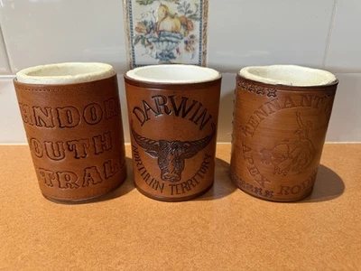 3 x Vintage Leather Covered Stubby Holders DARWIN NT, Tennant Creek, Hahndorf SA - image 1 of 4