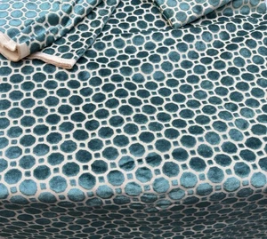 Beige & Aquamarine Velvet Dot Upholstery Fabric Unused 56” W X 102” - Picture 1 of 7