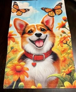 CUTE CORGI DOG FLAG WITH BUTTERFLIES AND FLOWERS~ 18" X 11" ~2-SIDED~BURLAP - Picture 1 of 1