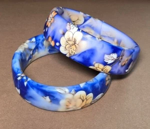 Blue Floral Bangle Bracelet Woman Wristband Jewelry Dia 2.50 ~ 2.6" Set of 2 pcs - Picture 1 of 7