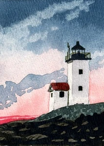 Two Bush Island Lighthouse Penobscot Bay Maine Matted Watercolor Art Prints - Picture 1 of 1