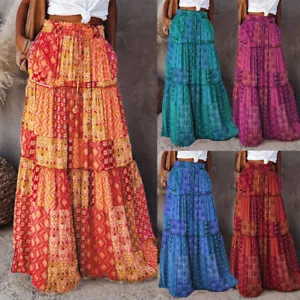 Women Bohemian High Waist Long Skirt Ladies Holiday Swing Baggy Boho Maxi Skir · - Picture 1 of 21