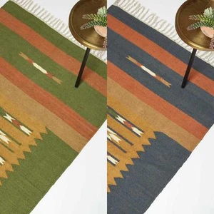 Handwoven Kilim Rug Runner Cotton & Jute in Traditional Pattern with Tassels - Picture 1 of 15