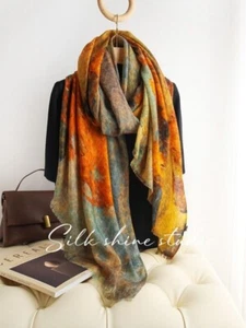 78x39"Large 100% Cashmere Scarf Shawl - Soft Lightweight Birch Oil Painting - Picture 1 of 16