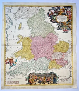 INGHILTERRA c. 1730 JB HOMANN GRANDE MAPPA ANTICA INCISA XVIII SECOLO - Foto 1 di 12